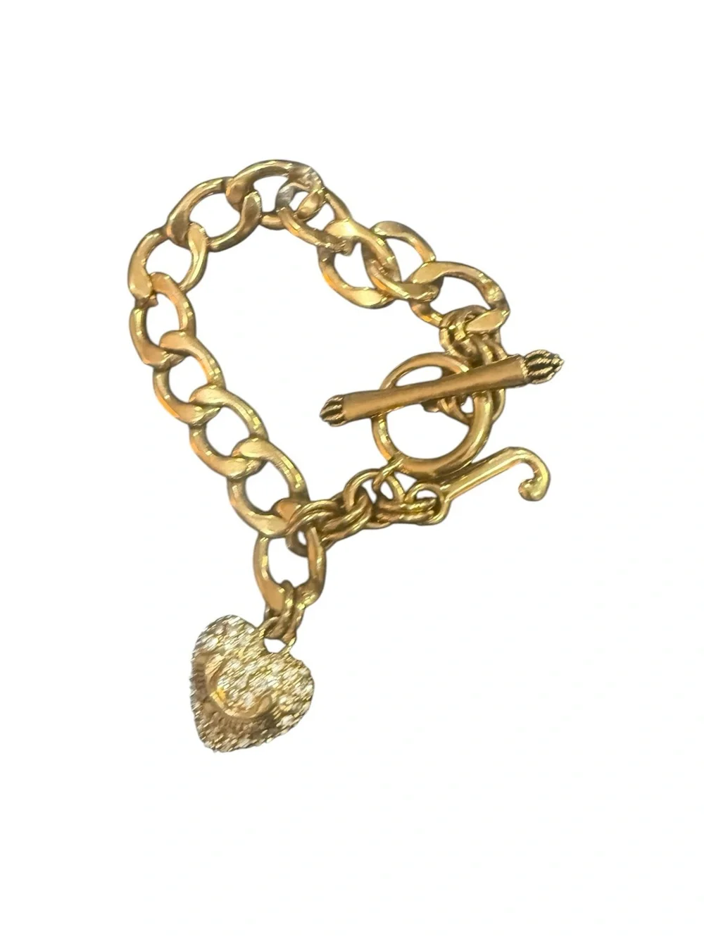 Juicy Couture Gold Tone Chunky Toggle Bracelet Pavé Crystal Heart Charm Y2K